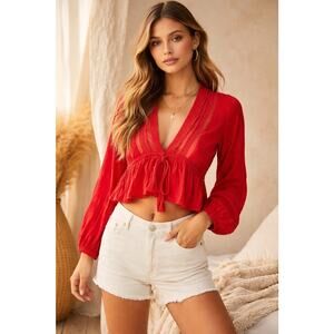 Free People Womens Fairy Peplum Babydoll Top Size XS Red Tie Front Boho Sheer